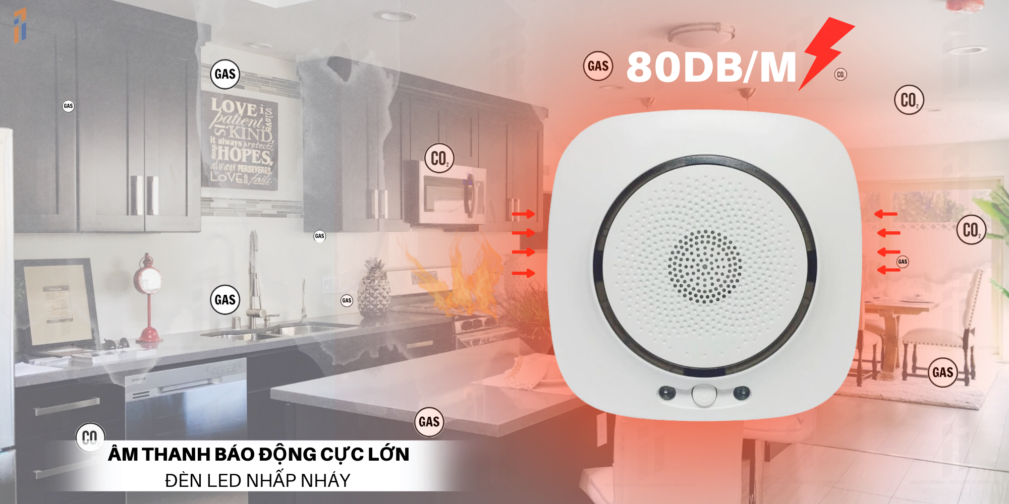 Âm thanh 80dB, cảm biến khí ga có đèn Led
